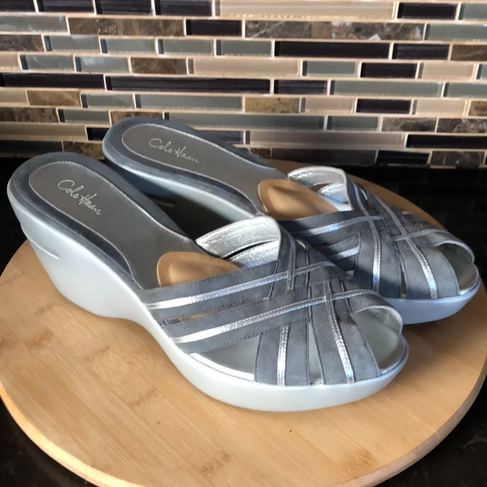Lot of 2 pair Cole Haan Austyn Peep Toe Wedge Sandal Mule Slides size‎ 11B